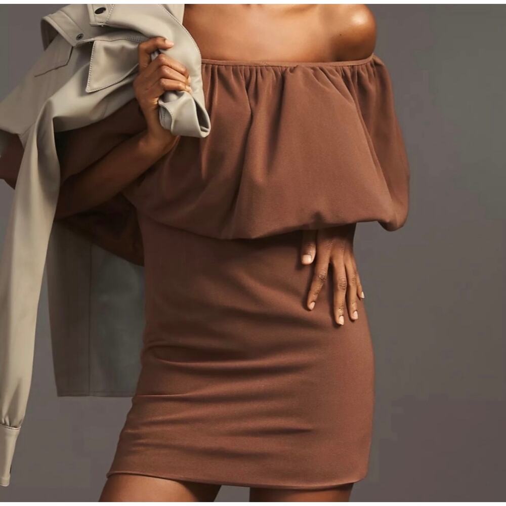 Anthropologie Nikita Mhaisalkar Off-The-Shoulder Bubble Brown Mini Dress Size L - Picture 5 of 14